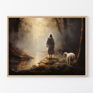 Lost Lamb Oil Painting Print | Jesus Running with Lost Lamb | Jesus Lamb of God | Jesus and Lamb No Words | Lost Sheep with Jesus | LLO1