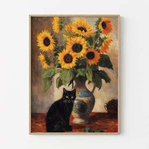 クロード・モネのひまわりの黒猫の絵画プリント、モネの猫のポスター、黒猫アート、花柄プリント、黒猫プリント、面白い猫のギフト CM01