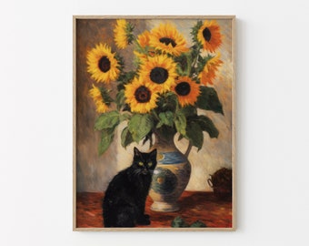 Claude Monet Sunflowers Black Cat Painting Print, Monet Cat Poster, Black Cat Art, Floral Print, Black Cat print, Funny Cat gift CM01