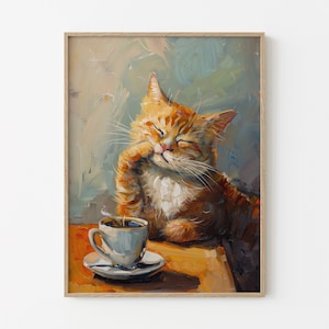 Gato pelirrojo relajándose con un café / Decoración de pared para cocina / Ilustración retro vintage peculiar / Lámina de gato pelirrojo / GCC1