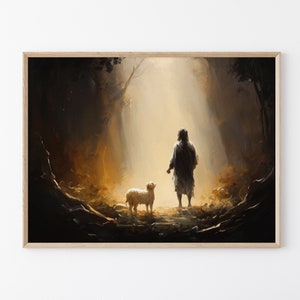 Lost Lamb Oil Painting Print | Jesus Running with Lost Lamb | Jesus Lamb of God | Jesus and Lamb No Words | Lost Sheep with Jesus | LLO8