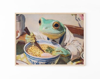 Impressão de pintura a óleo de um sapo comendo ramen | Arte de parede com macarrão ramen | Decoração de cozinha original | Pintura de inspiração japonesa | Arte de parede exclusiva | RFE1