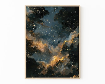 Stampa di pittura a olio celestiale malinconica / Decorazione accademica scura / Stampa di stelle del cielo notturno astratto / Pittura vintage blu oro / DAG2
