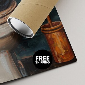 a close-up of a painting of a cup with a straw, accompanied by a cardboard tube and a "FREE SHIPPING" label.