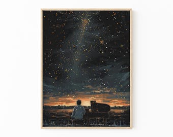 Hombre tocando el piano bajo un cielo nocturno celestial encantador. Pintura al óleo / Dark Academia y Dark Cottagecore / Impresión de pintura de cielo nocturno / MPP2