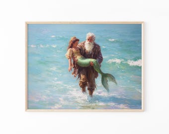 Mermaid Vintage Painting Print: Quirky Fantasy Couples Wall Art for Nautical Decor | CWB1