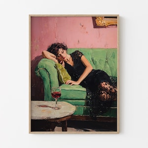 Woman on Couch with Martini Soft Tonal Oil Painting | Cocktail Art Bar Cart Decor | Aesthetic Print Gift | Trendy Wall Art Print | WCM8