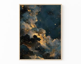 Stampa di pittura a olio celestiale malinconica / Decorazione accademica scura / Stampa di stelle del cielo notturno astratto / Pittura vintage blu oro / DAG1
