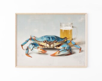Impresión al óleo de cangrejo relajado / Arte mural de cerveza / Impresiones divertidas de bar / Arte de cangrejo con cerveza / Regalos divertidos para él / CBF2