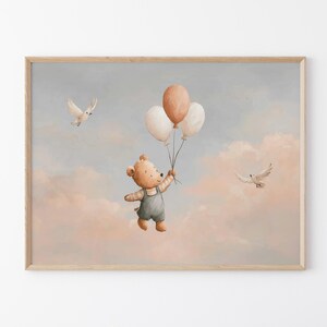 Stampa artistica con orsetto di peluche per cameretta dei bambini / Nuvola / Maschio Femmina / Genere Unisex Neutro Beige Naturale Palloncino Boho / BTN6
