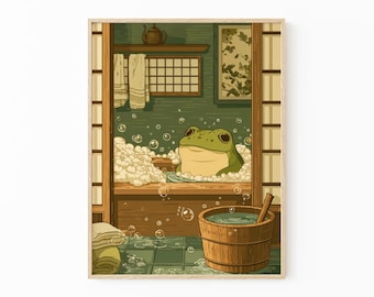 Japanese Frog in a Bathtub Art Print | Relaxing Japandi Bathroom Wall Decor | DBC2