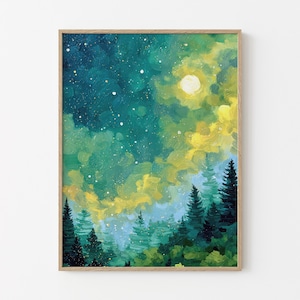 Moon & Stars Oil Painting Print | Vintage Dark Forest | Landscape Nature Decor | Celestial Night Sky Print | Farmhouse Print | MSO7