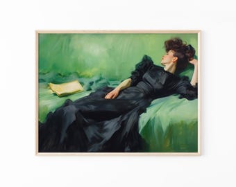 Decadent Young Woman after the Dance, Still Life Woman, Vintage Wall Art, Emerald Green Art, Moody Wall Decor, Oil Painting Print DY03