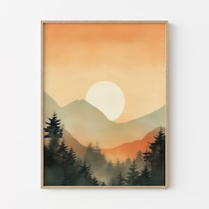 Orange Mountain Wall Art, Watercolor Mountain Print, Nature Wall Art, Mountain Poster, Modern Decor, Watercolor Print, Boho Prints