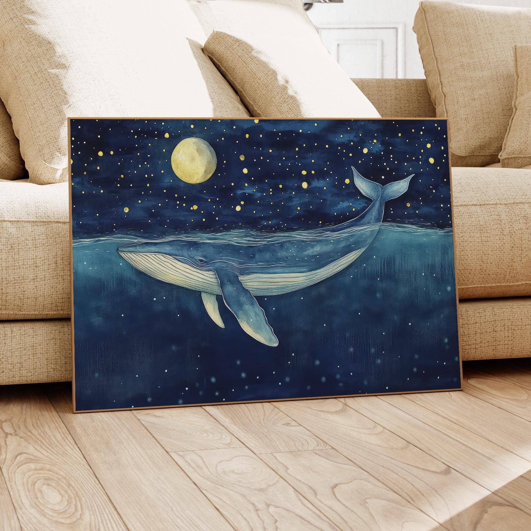 月下のクジラの水彩画 | クジラのプリント | クジラとボート | クジラ