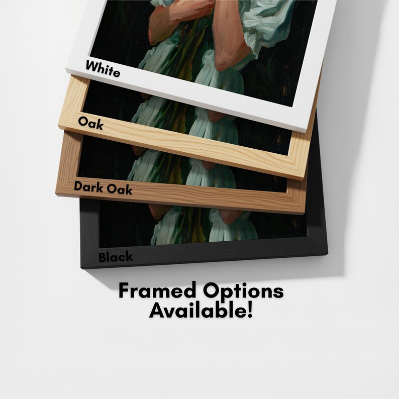 a collection of framed artworks, each with a different color frame, arranged in a stack. The text "framed options available!" is visible, indicating that the framed options are available for purchase.
