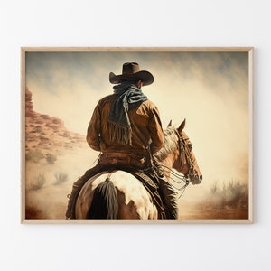 Cowboy a cavallo nel selvaggio West, stampa artistica da parete opaca di alta qualità, stampa da cowboy, regalo per gli amanti dei cavalli