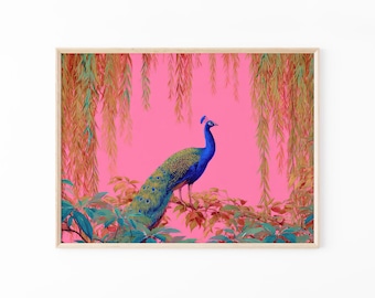 Lebhafter Tropischer Maximalist Vogel-Ölgemälde-Druck | Dunkelblaue Kolibri & Pink Pfau Dschungel Kunst | Exotischer Vogel Druck | VTM1