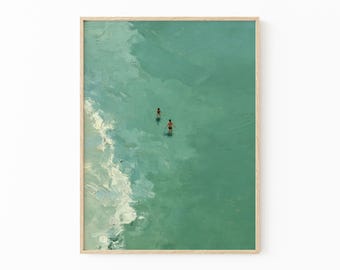 Green Abstract Oil Painting Print | Two People Swimming Painting | Turquoise Painting | Green wall art | Green Minimalist Art | GBO2