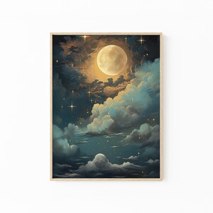 Vintage Enchanting Celestial Moon Art Oil Painting Print | Dark Academia & Dark Cottagecore | Night Sky Painting | Moon Art Print | ECM8