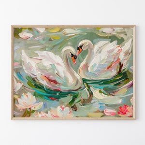 Stampa a olio di "Cigno in uno stagno" in colori pastello / Arte murale in colori pastello / Decorazione rosa e verde / Dipinto per ufficio femminile / PSIA8