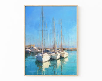 Vintage Sailboat Art Print – Light Blue Nautical Painting, Coastal Lake Scene Wall Decor | BOA4