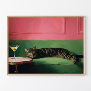 マティーニを持つ猫の油絵プリント | キュートで風変わりな気まぐれ | カクテルアートバーデコレーション | ファインアートプリントギフト | トレンディなウォールアート | BCA6