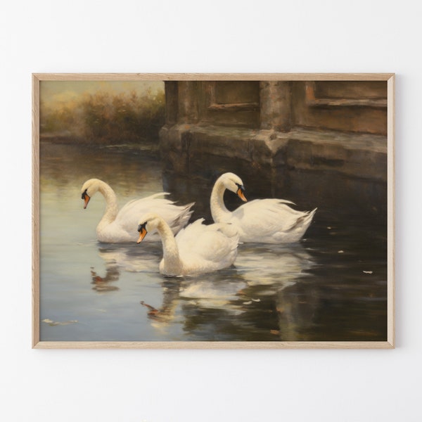 Vintage Swan Painting | Neutral Wall Art Large Wall Art | Swan Artwork Print | Oil Painting Print