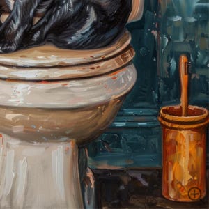 a toilet with a toothbrush in a cup next to it, set against a blue background.