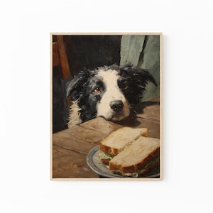 Hund vid frukostbordet Målning | Mysig köksväggkonst med rostat bröd och duk | WBS1