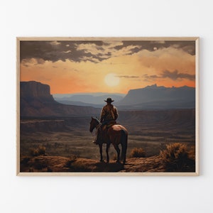 Stampa a olio di paesaggio vintage con cowboy, arte murale western, decorazione murale di metà secolo, decorazione rustica del sud-ovest #VLC15