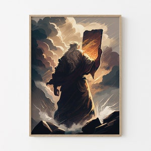 Biblical Moses Holding Up Ten Commandments Original Oil Painting Bible Print Art, Religious Wall Art Matte Print, Christian Gifts