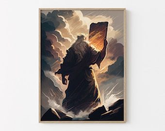 Bijbelse Mozes houdt tien geboden omhoog Origineel olieverfschilderij Bijbel print kunst, religieuze muurkunst mat print, christelijke geschenken