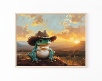 Cowboy Frog Painting Print | Vintage Western Wall Art | Trendy Wild West Aesthetic Decor | Cute Prints Gift | CFP1