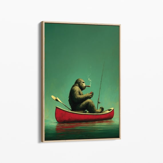 canoeing cigarette Bigfoot in Canoe Smoking and Fishing Cigar Oil Painting Canvas Print |  Sasquatch Wall Art | Lake House Decor | Bigfoot Funny Art