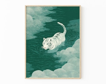 Japanese Tiger Swimming Print: Vintage Ukiyo-e Style Wall Art | WBH2