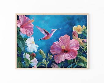 Lebhafter Tropischer Maximalist Vogel-Ölgemälde-Druck | Dunkelblaue Kolibri & Pink Pfau Dschungel Kunst | Exotischer Vogel Druck | VTM7