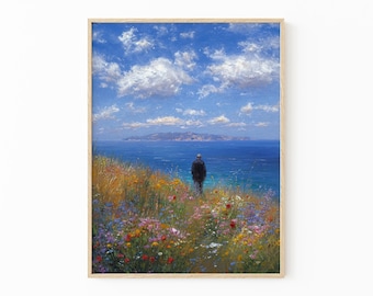 Coastal Wildflower Painting Print | Vintage Beach Floral Art | Pastel Seascape Summer Wall Decor | Beach Inspired Art | WIC2