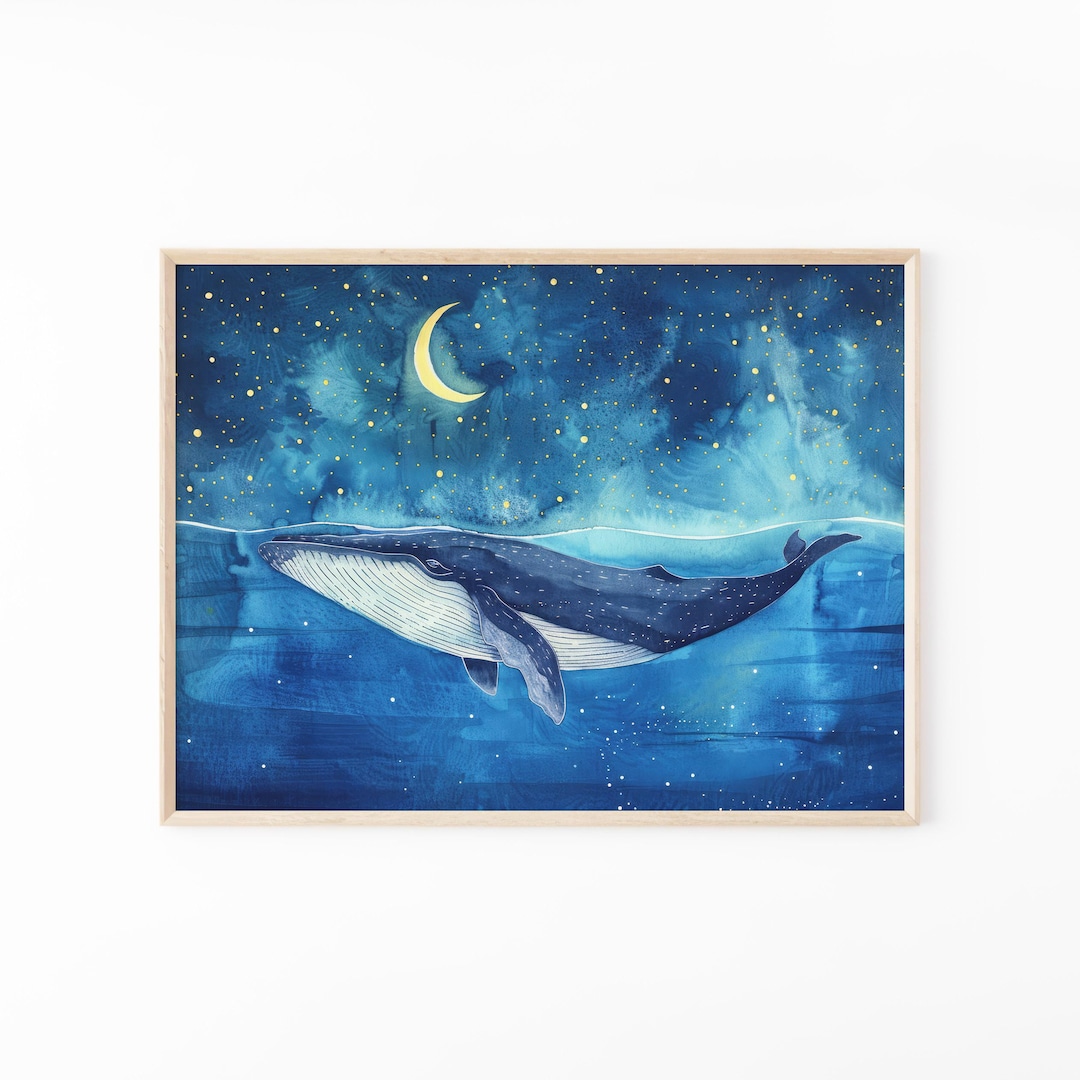 Whale Under the Moon Watercolor Painting | Whale Print | Whale and Boat ...