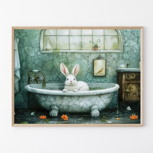 Dipinto di coniglio nella vasca da bagno / Stampa artistica da parete per bagno / Decorazione con animali / Decorazione per bagno / Decorazione per cameretta dei bambini / Decorazione da parete con coniglio per bambini / RIB3