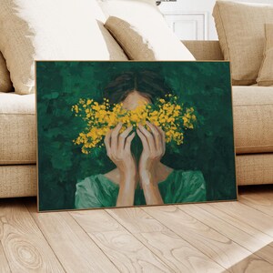 a painting of a woman with her hands covering her face, surrounded by yellow flowers.