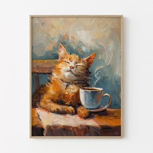 Gato pelirrojo relajándose con un café / Decoración de pared para cocina / Ilustración retro vintage peculiar / Lámina de gato pelirrojo / GCC2
