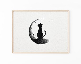 Black Cat Lino Print: Vintage Whimsical Home Wall Art | GTS3