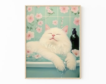 Witte kat in badkuip schilderij print | Japanse muurkunst badkamer | Ontspanningsposter | Japanse kunst aan de muur katten | Neutrale Japandi-print | WIC2