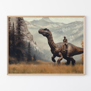 Stampa a olio vintage raffigurante un cowboy con dinosauro / Stampa di un dinosauro giurassico occidentale / Regalo per lui, stampa divertente / VDC15