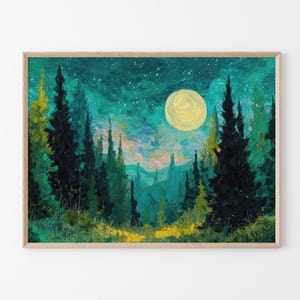 Moon & Stars Oil Painting Print | Vintage Dark Forest | Landscape Nature Decor | Celestial Night Sky Print | Farmhouse Print | MSO1