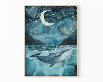 Dipinto ad acquerello di una balena notturna celeste / Megattera / Stampa artistica ad acquerello per bambini / CNW1