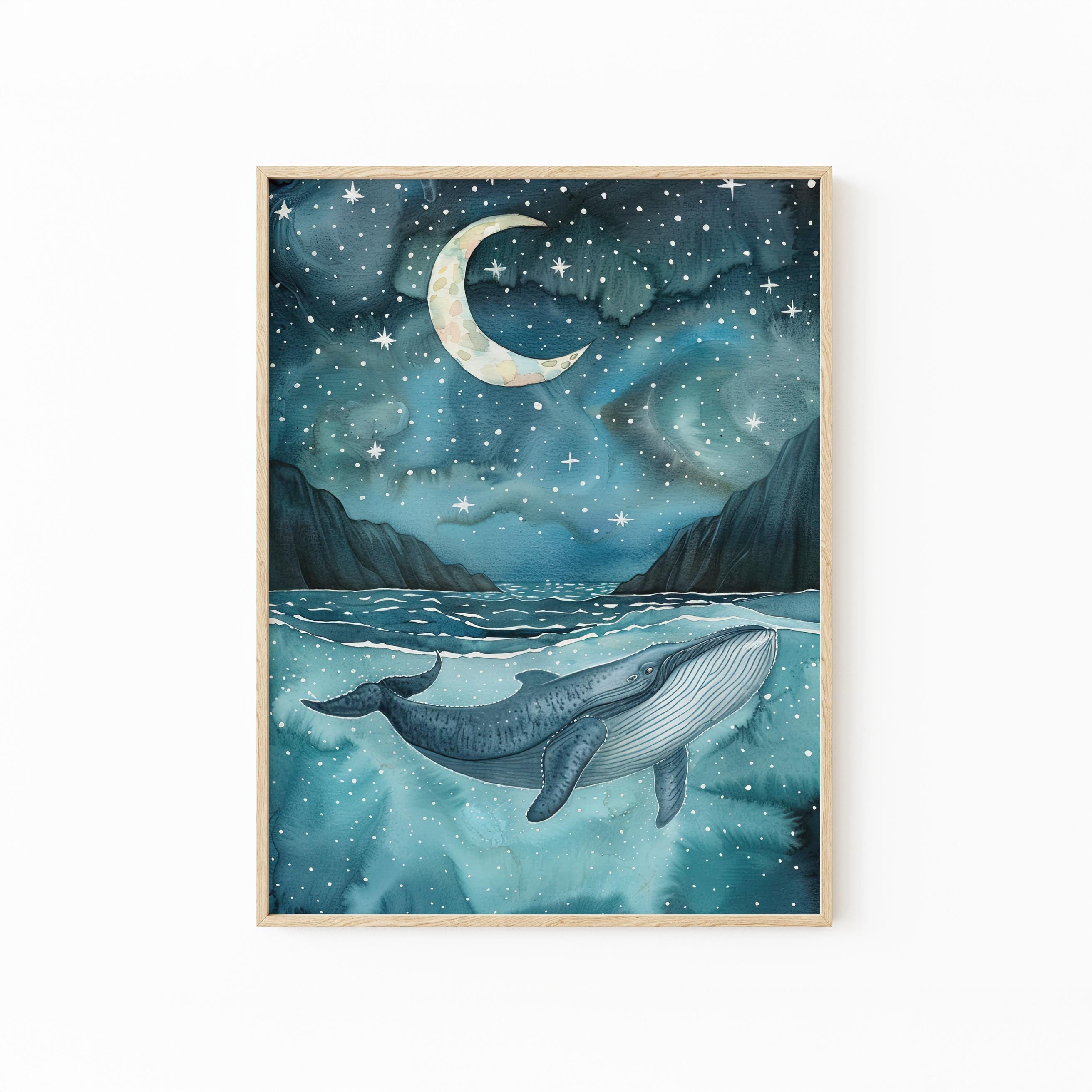 天空の夜のクジラの水彩画 | ザトウクジラ | 保育園用水彩画プリント
