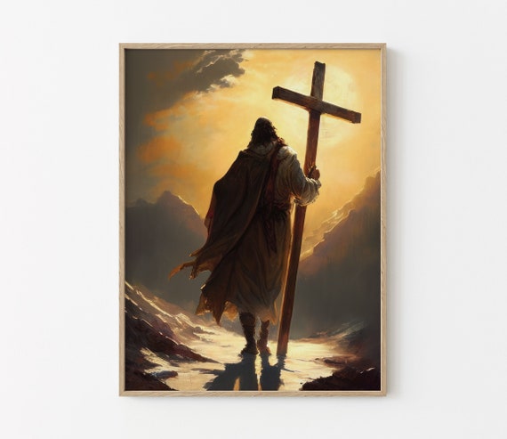 Jesus Carrying the Cross Original Oil Painting Print, Cross of Jesus, Religious Wall Art Matte Print, Religious Wall Decor