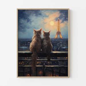 Paris Eiffelturm Katze Poster, Romantische Katze Kunstdruck, Katze Wand Kunst Dekor, Katze Kunstdruck, Geschenk für Katzenliebhaber, Paare Geschenk Art